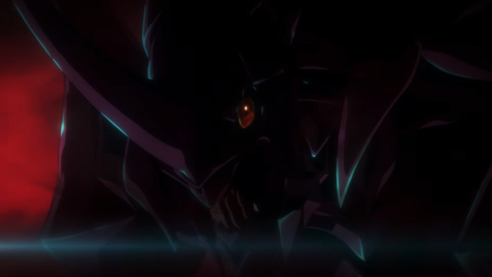 เงาร่าง EVA ท่ามกลางแสงสีแดง ดวงตาเรืองแสงในฉากโทนมืด