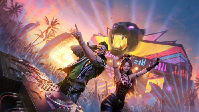 DJ Alok และตัวละครใน Free Fire บนเวทีคาร์นิวัลธีมเสือดำ พร้อมแสงสีและฝูงชนสุดคึกคัก