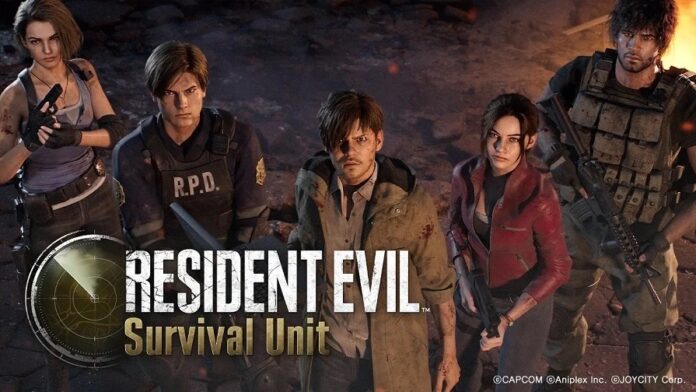 ภาพโปรโมตเกม Resident Evil Survival Unit พร้อมตัวละครหลักจากซีรีส์ Resident Evil และโลโก้เกมในภาพ