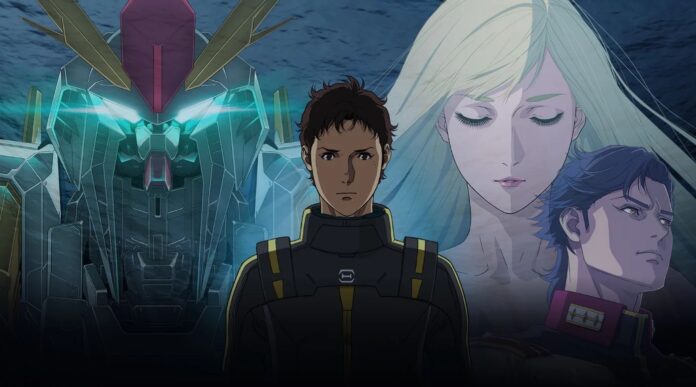ภาพโปรโมต Mobile Suit Gundam Hathaway แสดงตัวละครหลักพร้อมหุ่นกันดั้มด้านหลัง