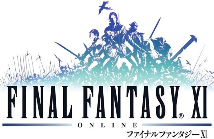 โลโก้เกม Final Fantasy XI Online พร้อมภาพตัวละครนักผจญภัยจากโลก Vana’diel ในโทนสีน้ำเงินเขียว
