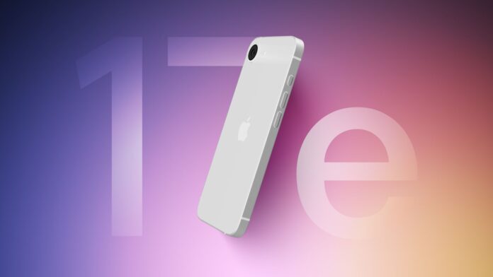 ภาพเรนเดอร์ iPhone 17e โชว์ดีไซน์ตัวเครื่องด้านหลัง บนพื้นหลังกราฟิกคำว่า 17e