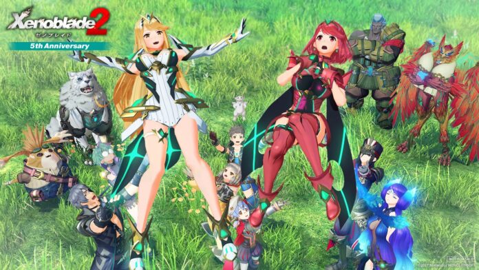 ภาพโปรโมต Xenoblade Chronicles 2 แสดงตัวละครหลักยืนอยู่กลางทุ่งหญ้าพร้อมเหล่า Blade และสมาชิกทีมด้านหลัง
