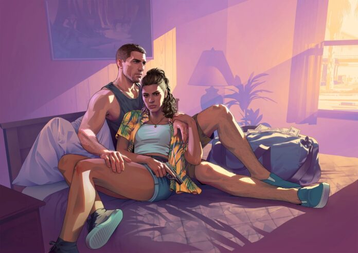 งานอาร์ตโปรโมต Grand Theft Auto 6 แสดงตัวละครชายหญิงนั่งอยู่บนเตียงในห้องพัก โทนสีอบอุ่น สื่อถึงบรรยากาศและตัวละครหลักของเกม