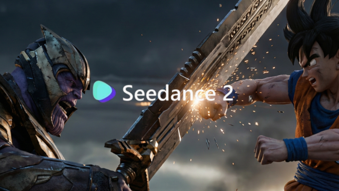 Seedance 2.0 ตัวละครสองฝ่ายปะทะกันกลางฉากแอ็กชัน มีโลโก้ Seedance อยู่ตรงกลาง สื่อถึงความขัดแย้งเรื่องลิขสิทธิ์ AI