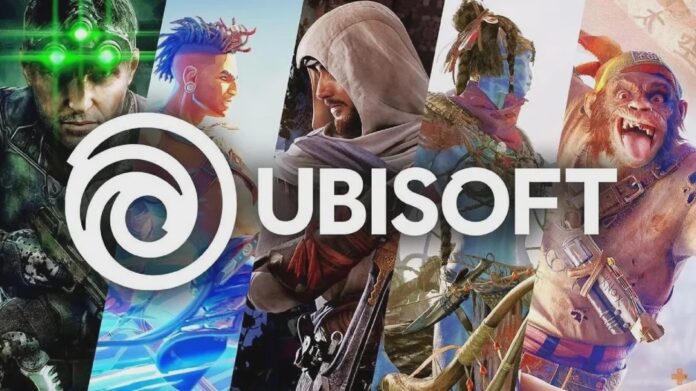 โลโก้ Ubisoft อยู่กึ่งกลางภาพ รายล้อมด้วยตัวละครจากเกมดังหลายแฟรนไชส์ของ Ubisoft สื่อถึงภาพรวมของบริษัทและอุตสาหกรรมเกม