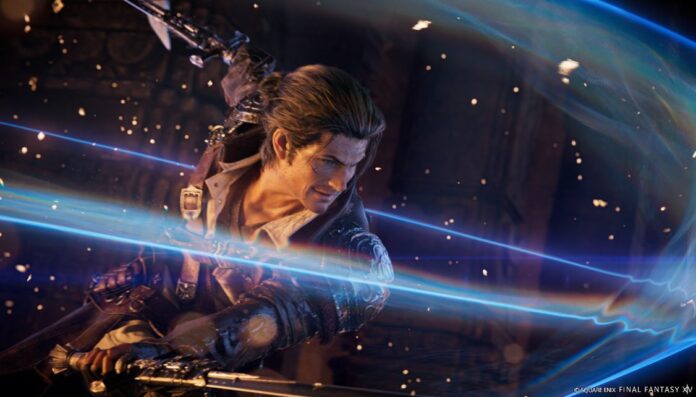 ชายในชุดเกราะถือดาบพลังงาน ท่ามกลางเอฟเฟกต์แสงและฉากอวกาศจาก Final Fantasy XIV