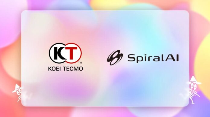 โลโก้ Koei Tecmo และ SpiralAI บนพื้นหลังสีพาสเทล