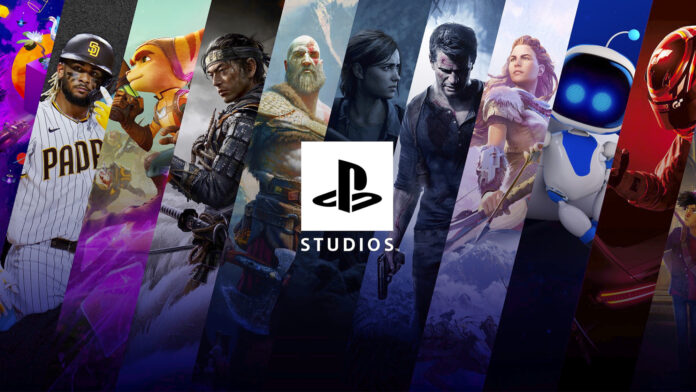 ภาพตัวละครจากหลายเกมของ PlayStation Studios พร้อมโลโก้ PlayStation ตรงกลาง
