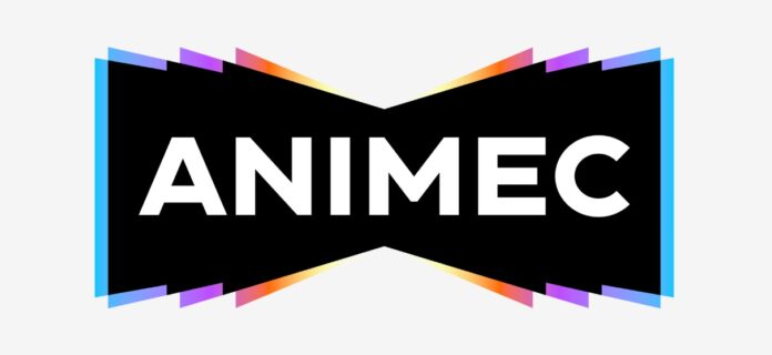 โลโก้ ANIMEC ตัวอักษรสีขาวบนพื้นหลังสีดำ พร้อมกรอบลวดลายสีสันด้านหลัง