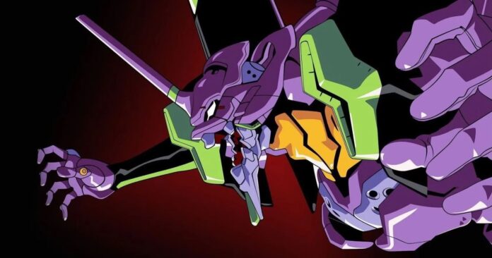 Evangelion Unit-01 กำลังยื่นมือออกไปด้านหน้า ในฉากจากอนิเมะ Neon Genesis Evangelion