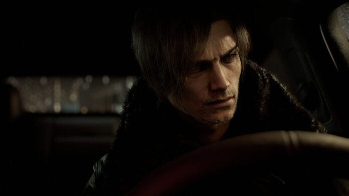 Leon จากเกม Resident Evil Requiem นั่งอยู่ในรถในฉากตอนกลางคืน