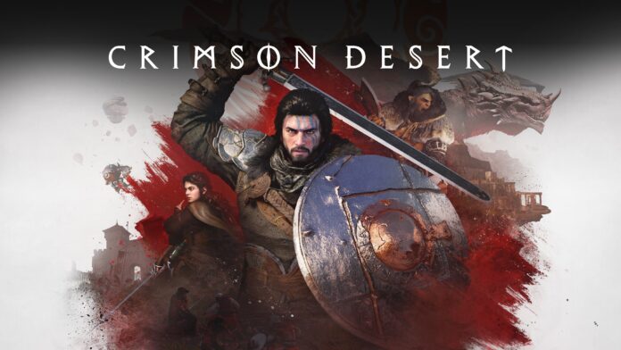 Crimson Desert ภาพ Key Art ตัวละครถือโล่และดาบในฉากแอ็กชันแฟนตาซี