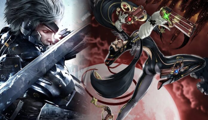 ภาพรวมตัวละคร Bayonetta และ Raiden จาก Metal Gear Rising วางเคียงกันบนพื้นหลังโทนสีแดง