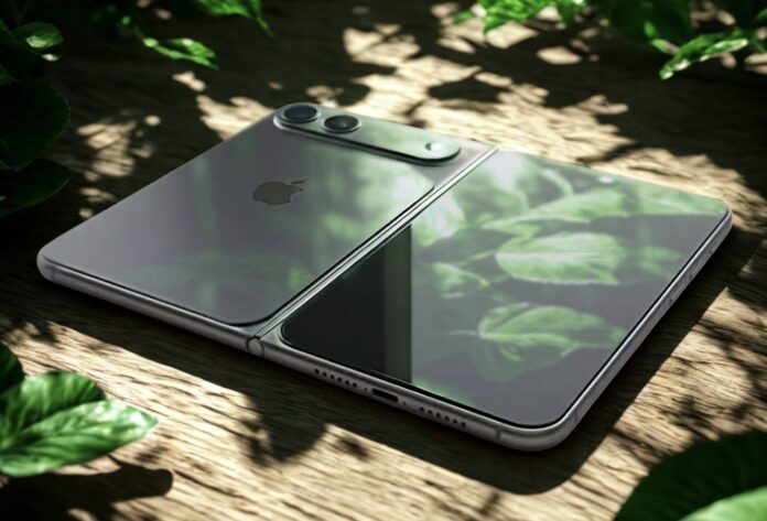 iPhone Fold วางกางบนโต๊ะไม้กลางแสงธรรมชาติ แสดงดีไซน์จอพับและตัวเครื่องสีเทาเงา พร้อมโลโก้ Apple ด้านหลัง