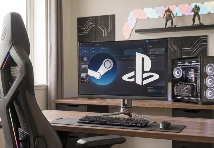Sony และ Steam แสดงบนหน้าจอคอมพิวเตอร์ในห้องเล่นเกม พร้อมอุปกรณ์พีซีและเม้าท์
