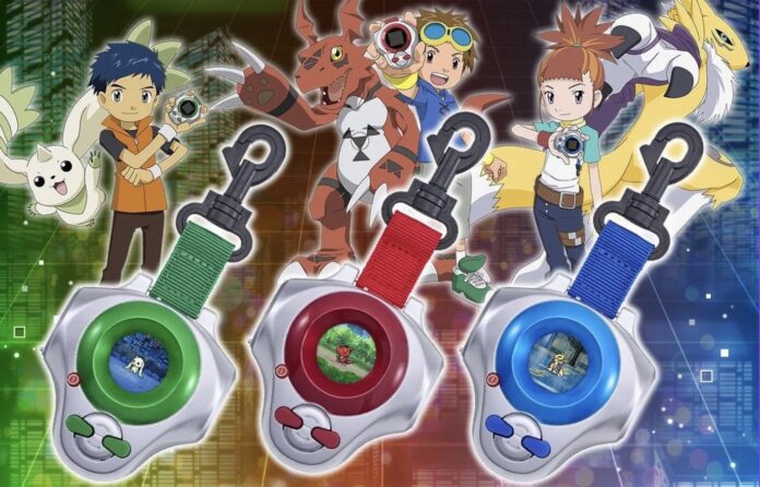 D-Arc Digimon Tamers รุ่นครบรอบ 25 ปี พร้อมตัวละครหลัง บนพื้นหลังดิจิทัล พร้อมอุปกรณ์ 3 สีแดง เขียว และน้ำเงิน