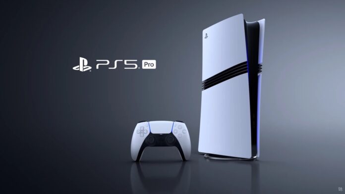 เครื่อง PlayStation 5 Pro สีขาวพร้อมจอย DualSense วางอยู่ด้านหน้า พื้นหลังสีเข้ม พร้อมโลโก้ PS5 Pro ด้านซ้าย