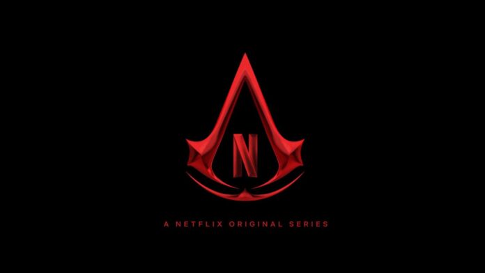 โลโก้ Assassin’s Creed สีแดงบนพื้นหลังสีดำ พร้อมตัวอักษร N ของ Netflix ตรงกลาง สื่อถึงซีรีส์ฉบับคนแสดง