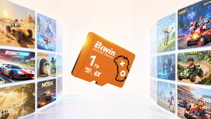 Biwin Amber ME300 microSD Express 1TB พร้อมภาพเกมหลากหลายแนวล้อมรอบ สื่อถึงความจุและความเร็วสำหรับเครื่องเกมพกพา