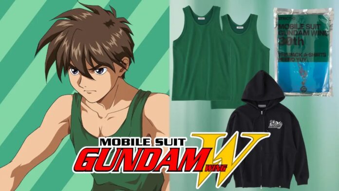 Heero Yuy จาก Gundam Wing พร้อมเสื้อกล้ามสีเขียว และภาพตัวอย่างสินค้าเสื้อผ้า STRICT-G เช่น เสื้อฮู้ดและแพ็กสินค้า