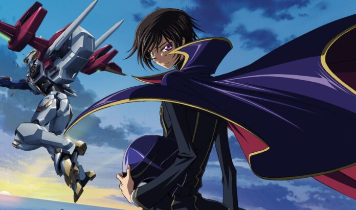 Lelouch จาก Code Geass ยืนหันหลังถือหมวก พร้อมหุ่น Knightmare Frame อยู่ด้านหลังในฉากท้องฟ้าและแสงพระอาทิตย์