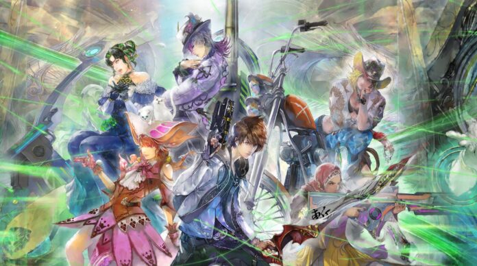 ภาพอาร์ตตัวละครจากแฟรนไชส์ SaGa หลายตัวในฉากแฟนตาซี พร้อมเอฟเฟกต์แสงสี