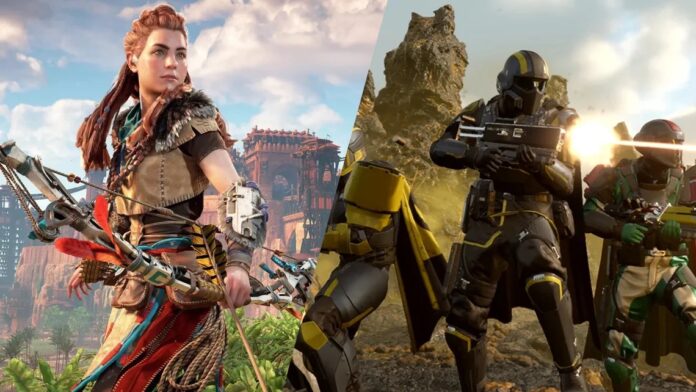 Aloy จาก Horizon ยืนถือธนู และทหารจาก Helldivers ในชุดเกราะกำลังเล็งปืน