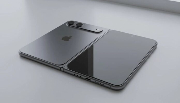 iPhone Fold แบบจอพับแสดงหน้าจอ และบอดี้ด้านหลังโลหะสีเทา