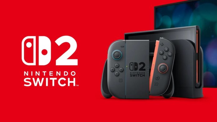 Nintendo Switch 2 คอนโซลเกมรุ่นใหม่ของ Nintendo พร้อม Joy-Con บนพื้นหลังสีแดง