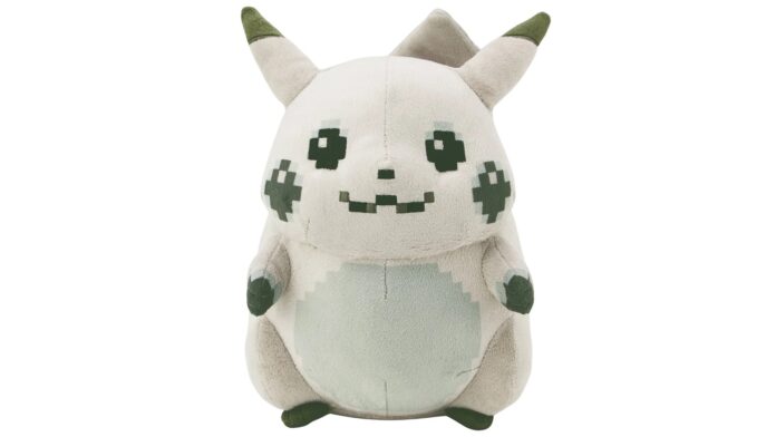 ตุ๊กตา Beginning Pikachu ดีไซน์ตามสไปรต์ต้นฉบับจาก Pokémon Red และ Green พื้นหลังสีขาว
