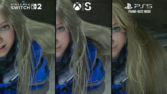 ภาพเปรียบเทียบกราฟิกตัวละครในเกม Pragmata ระหว่าง Switch 2, Xbox Series S และ PS5