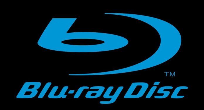 โลโก้ Blu-ray Disc สีฟ้าบนพื้นหลังสีดำ