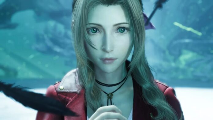 Aeris จาก Final Fantasy VII Remake ยืนอยู่ในฉากพื้นหลังสีฟ้าเขียว