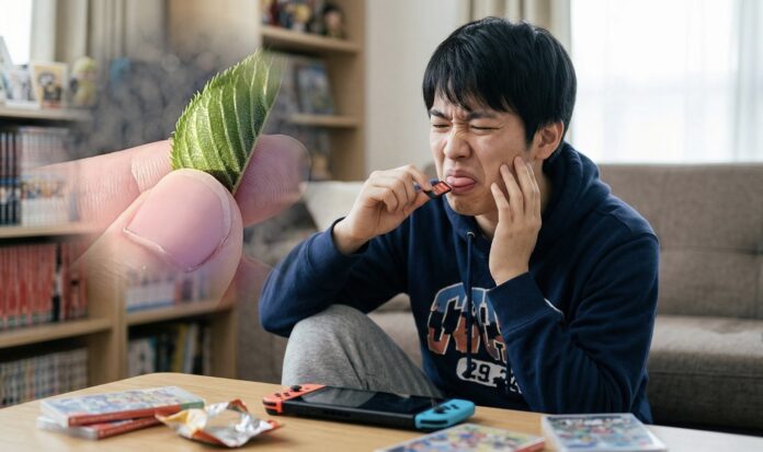 ภาพชายหนุ่มนั่งอยู่ที่โต๊ะ กำลังทำท่าชิมหรือแลบลิ้น โดยมีตลับเกม Nintendo Switch และของใช้วางอยู่บนโต๊ะด้านหน้า