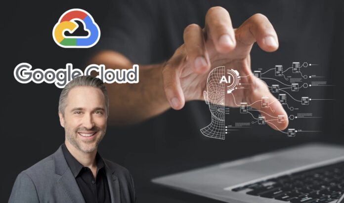 มือของคนกำลังกดอินเทอร์เฟซ AI บนหน้าจอแล็ปท็อป พร้อมโลโก้ Google Cloud