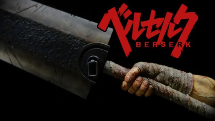 โมเดลดาบ Dragon Slayer จาก Berserk พร้อมแขนของ Guts จับด้ามดาบ พื้นผิวโลหะดูเก่าและมีคราบสึกหรอสมจริง