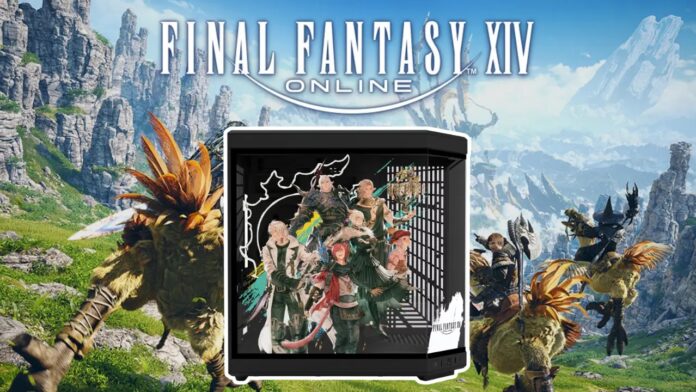 เคสคอมพิวเตอร์สีดำลาย Final Fantasy XIV มีภาพตัวละครหลายตัวบนแผงกระจกใส