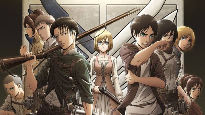 ภาพตัวละครจากอนิเมะ Attack on Titan หลายคนยืนพร้อมอาวุธในฉากโทนหม่น