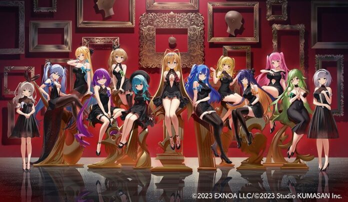 ภาพตัวละครอนิเมะผู้หญิงหลายคนในชุดแฟนตาซีนั่งเรียงกันบนเก้าอี้ในห้องโทนสีแดง