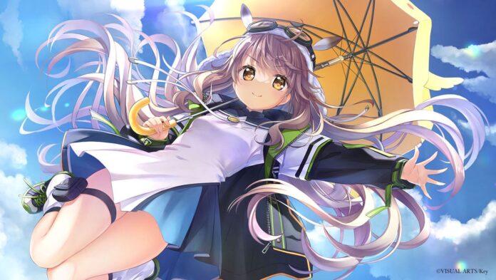 ภาพตัวละครอนิเมะผู้หญิงผมยาวถือร่ม ยืนอยู่ท่ามกลางท้องฟ้าและก้อนเมฆ