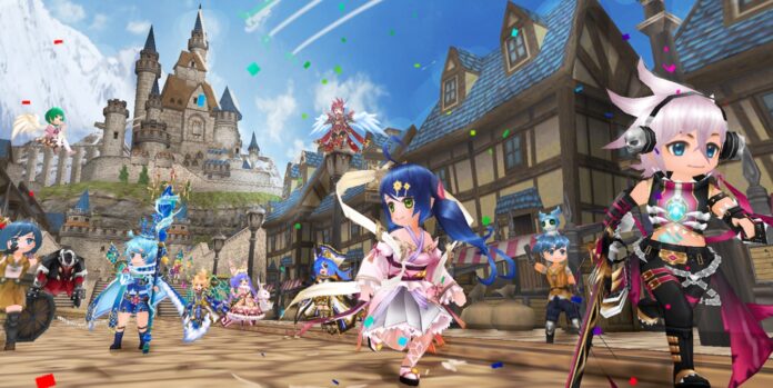 ภาพตัวละครจากเกม Gensokishi Online หลายตัวกำลังยืนอยู่ในเมืองแฟนตาซี มีปราสาทอยู่ด้านหลัง