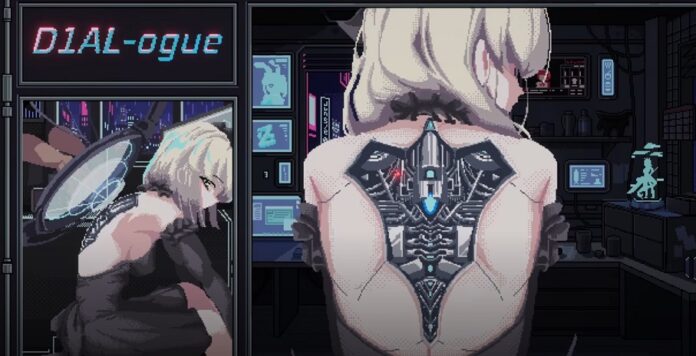 ภาพตัวละครแอนดรอยด์จากเกม D1AL-ogue กำลังเข้ารับการซ่อมในห้องปฏิบัติการสไตล์ไซเบอร์พังก์