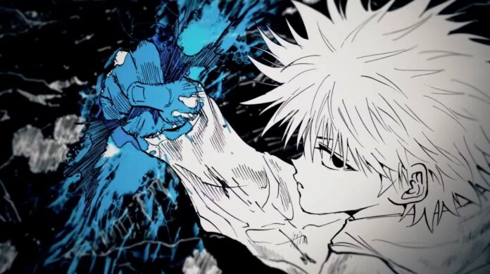 Killua Zoldyck จาก Hunter x Hunter กำลังใช้พลังไฟฟ้าจากมือ ในภาพวาดสไตล์ขาวดำพร้อมเอฟเฟกต์พลังสีฟ้า