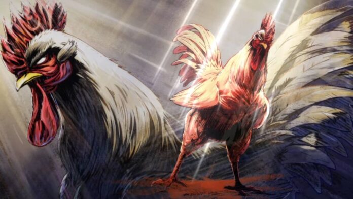 ไก่ตัวเอกจาก Rooster Fighter ยืนในฉากแอ็กชัน มีแสงพุ่งลงมาจากด้านบน