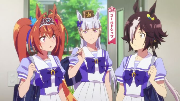 ตัวละครอนิเมะจาก Umamusume: Pretty Derby ยืนอยู่ด้วยกันในชุดนักเรียน