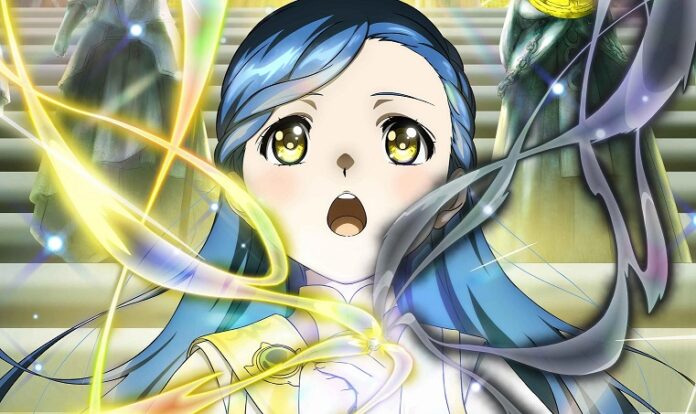 ฉากจากอนิเมะ Ascendance of a Bookworm ตัวละครหญิงผมฟ้าอยู่กลางแสงพลัง