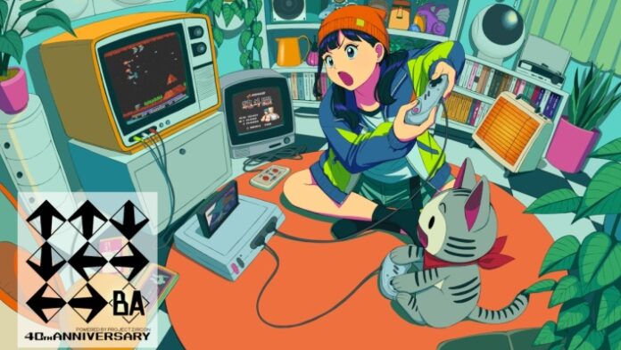 ภาพตัวละครกำลังเล่นเกมคอนโซลยุคเก่าในห้อง พร้อมหน้าจอแสดงเกม Gradius และสัญลักษณ์ Konami Code