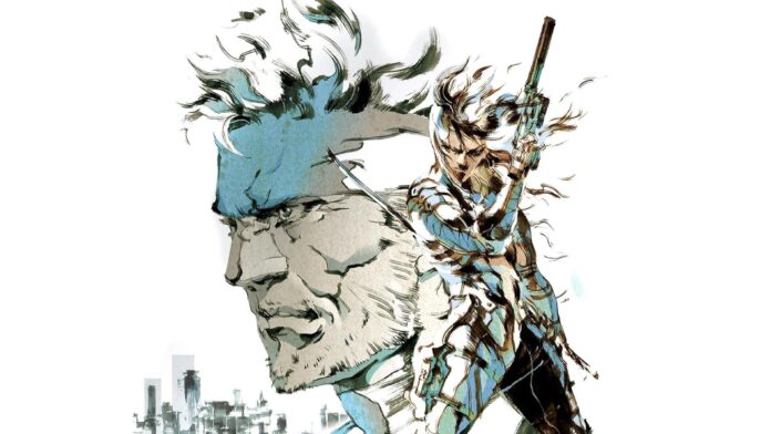 ภาพอาร์ต Metal Gear Solid แสดงใบหน้าของ Solid Snake ซ้อนทับกับตัวละครถือปืนในโทนสีขาว