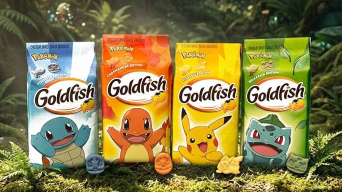 ถุงขนม Goldfish ธีม Pokémon วางเรียงกัน ประกอบด้วยลาย Pikachu, Charmander, Squirtle และ Bulbasaur